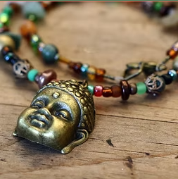 Hippy Necklace Buddha Chenrezik Colorful Beaded Necklace Brass