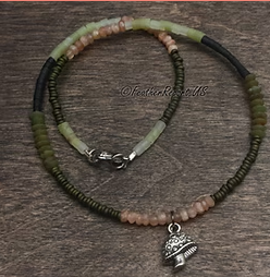 Peach Olive Beaded Boho Necklace Moonstone Jade Beads Handmade Jewelry 16 1/4