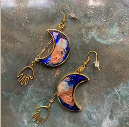 Blue Moon Boho Earrings Gold Toned Opal Happy Hands Dangle Resin Jewelry Art