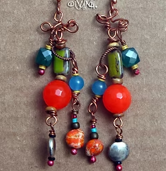 Funky Beaded Earrings Copper Orange Turquoise OOAK