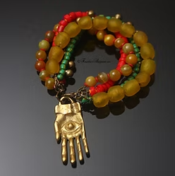 Handmade Beaded Rasta Bracelet Brass/Gold Recycled Multistrand Charm Red Gold