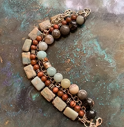 Sterling Sunstone Jasper Beaded Boho Bracelet 4 Strands 8”