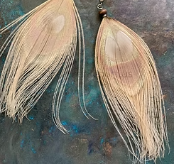 Tan Beige Peacock Feather Earrings