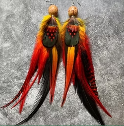 Fire Feather Earrings Wild Red Orange Black Bohemian Style