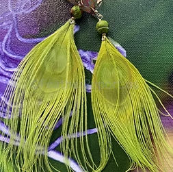 Lime Green Peacock Feather Earrings Green Feather Jewelry