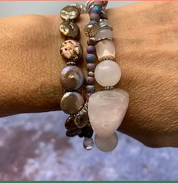 Pink Gemstone Beaded Bracelet 3 Stranded Pearl Quartz Tourmaline