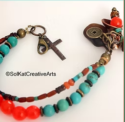 Beaded Bracelet Turquoise Orange Seaglass Brass