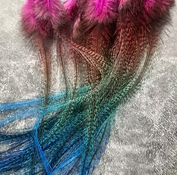 Long Mottled Rainbow Feathers Pink coral Aqua Blue Rooster Feathers 22 ooak