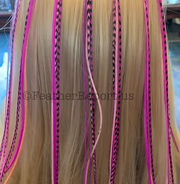 7 of the same pink bonded rooster feather extensions